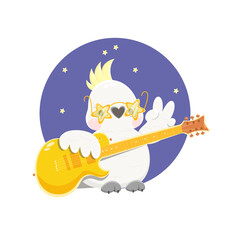 Rock star cockatoo. A white parrot in fashionable glasses holds an electric guitar. Vector cartoon parrot.