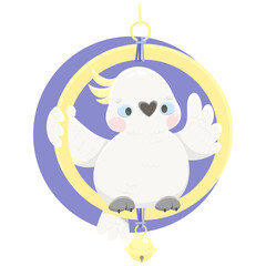 A white cockatoo sits in a ring with a bell. Waving in greeting. Cartoon vector parrot.