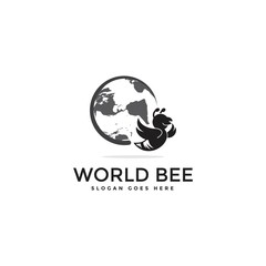 silhouette world and bee fly logo design, world bee logo, insect, migration, icon vector template