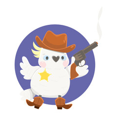 Parrot Sheriff. A white cartoon parrot in a hat, boots, with a sheriff's star on his chest holds a smoking pistol. Vector illustration.