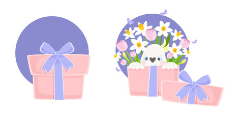 Gift box. A white cockatoo sits in a box of flowers. Spring daffodils and tulips. Template for design, illustration, postcard, invitation. Vector.