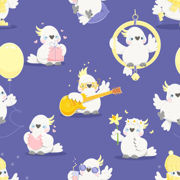 Seamless pattern with cartoon parrots. White cockatoo in different situations. Endless texture. Vector illustration.