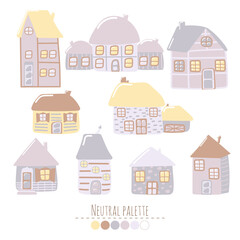 Set of 9 cute suburban houses. Hand drawn in childish flat cartoon style. Simple vector houses with decorative elements. Neutral color palette. Isolated on white background.
