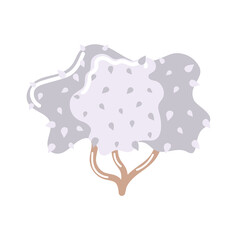 Hand drawn decorative double blue bush with leaves. Neutral color palette. Magic Bush. 
Childish illustration in flat cartoon style isolated on white background.