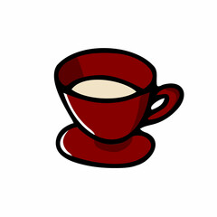 Doodle coffee cup. Cute hot beverage isolated on white background. Red tea, latte, cappuccino, americano mug with handle, saucer. Vector dishes illustration for the coffee shop, cafe, kitchen print