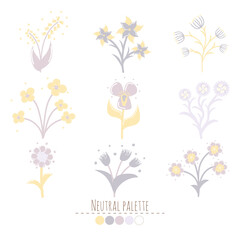 Set of magical fairytale flowers in yellow, pink, blue colors. Children's illustration in a flat cartoon style. 
Flowers and plants in vector. Neutral colors. Isolated on white background.