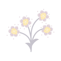 Magical fabulous pink-yellow flowers with blue stems and leaves. Children's illustration in a flat cartoon style. 
Flowers and plants in vector. Neutral colors. Isolated on white background.