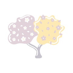 Hand drawn ornamental double yellow-pink shrub with flowers. Neutral color palette. Magic tall bush. 
Childish illustration in flat cartoon style isolated on white background.