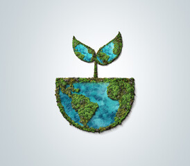 Green Earth globe ball and growing tree 3d environment day concept. Saving environment, save clean...