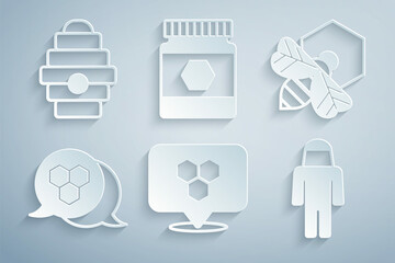 Set Honeycomb bee location, Bee and honeycomb, Beekeeper with protect hat, Jar of and Hive for bees icon. Vector