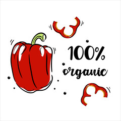 pepper illustration in hand drawn style isolated on white background with lettering