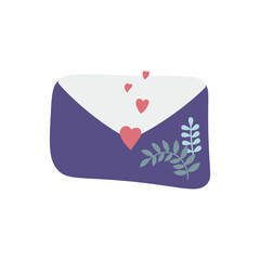 Envelope with hearts and branches with leaves. Spring bouquet of plants. Vector illustration isolated on white background. Valentines day design.