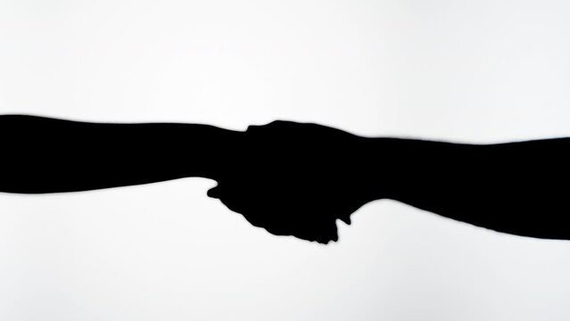 People making handshake gesture isolated on white background. Friends holding hands, shadow silhouette of handclasp close-up.