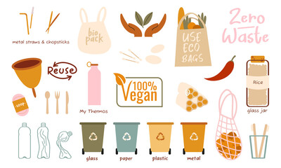 Ecological stickers. Collection of ecology stickers with slogans - no plastic, eco bag, save our oceans, save trees, eco friendly, say no to plastic bags. Bundle of bright vector design elements.