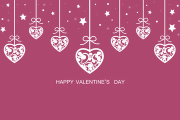Valentine`s Day card with hanging hearts.