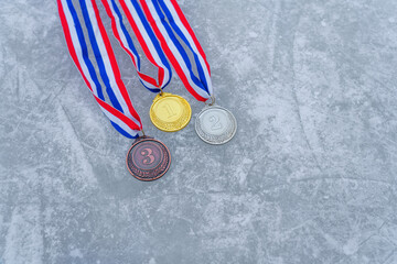 real Gold, silver and bronze medals in the large, stadium
