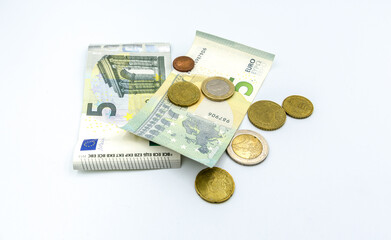Euro banknotes and coins.
