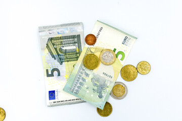 Euro banknotes and coins.