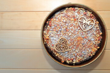 St. Valentine's Day, Mother's Day, Birthday handmade Cake. A festive dessert in the shape of a heart.