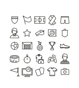 Soccer line icon set, football symbols collection, vector sketches, logo illustrations, sport game signs linear pictograms package isolated on white background. 