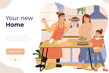 Happy family bought a new house. Cheerful young couple with kid cooking in kitchen of their new home. Real estate agency web banner template. Flat vector illustration