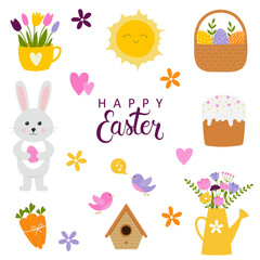 Obraz na płótnie Canvas Set of cute cartoon characters and lettering for Easter design. Hand drawn doodle flat style 
