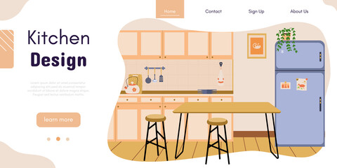 Kitchen interior design vector banner. Dining room decoration. Modern interior design service. Home renovation studio. Ad template for designing interiors online service