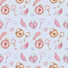 Watercolor seamless pattern from hand painted illustration of key, padlock in heart shape, feathers blue, pink, brown. Print on blue background for fabric, textile. Love card for Valentine's Day