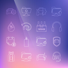 Fototapeta na wymiar Set line Headphone for support, Car protection insurance, Headphones, service, Electric car, Water drop percentage, and Bottles of wine box icon. Vector