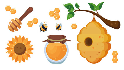Illustration with liquid natural honey on white background. Vector honeycombs with bee, closed glass jar with honey, beehive on a branch and wooden dipper in cartoon style.