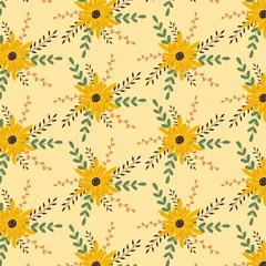 Fotobehang Pattern with flowers and twigs in a flat style © Irina Shcherbakova