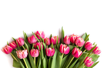 Bouquet of pink tulips on white background. Mothers day, Valentines Day, Birthday celebration concept. Greeting card. Copy space for text, top view