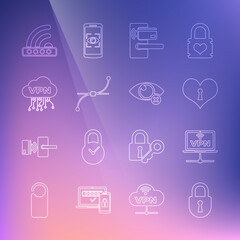 Set line Lock, VPN Computer network, Heart with keyhole, Digital door lock wireless, Bezier curve, Cloud interface, Wifi locked and Invisible hide icon. Vector