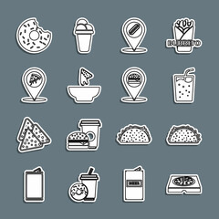 Set line Pizza in cardboard box, Taco with tortilla, Glass water, Location hotdog, Nachos plate, slice pizza, Donut and burger icon. Vector