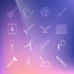 Set line Gardening handmade scissor, Watering can, fence, Tree, rake, Fertilizer bag, fork and Automatic irrigation sprinklers icon. Vector