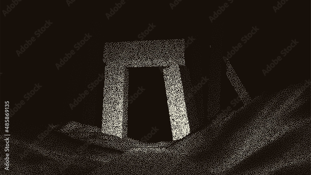 Poster Ancient ruins in sci-fi scene with dotwork retro style. Mysterious gate debris with dramatic lights and retro texture
