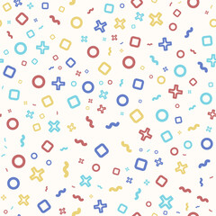 Vector abstract seamless pattern with squares, circles, crosses, lines.