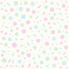 Vector abstract seamless pattern with squares, circles, dotted arrows.