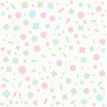 Vector abstract seamless pattern with squares, circles, dotted arrows.