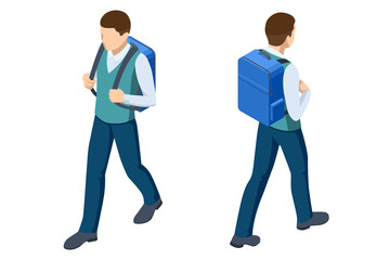Isometric student in school uniform goes to school with a backpack Education. The beginning of a new school year. Teenage student, male high school student portrait