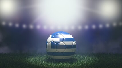 Soccer ball in flag colors on a bright blurred stadium background. Greece. 3D image
