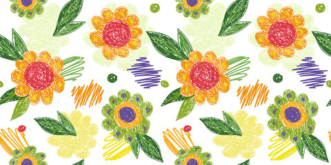 Cute doodle flowers seamless pattern on white background. Creative decorative botanical texture.