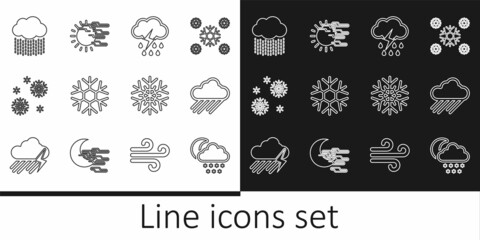 Set line Cloud with snow and moon, rain, lightning, Snowflake, and Fog sun icon. Vector