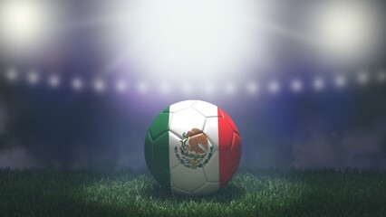 Soccer ball in flag colors on a bright blurred stadium background. Mexico. 3D image