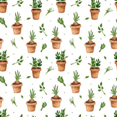 Watercolor pattern with various herbs and seedlings in pots. Gardening tools.