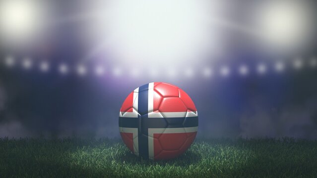 Soccer ball in flag colors on a bright blurred stadium background. Norway. 3D image
