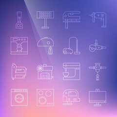 Set line Computer monitor, Construction jackhammer, Angle grinder, Electric jigsaw, mixer, Coffee machine and cup, Blender and Vacuum cleaner icon. Vector