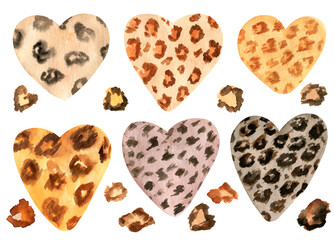 watercolor hearts with leopard pattern