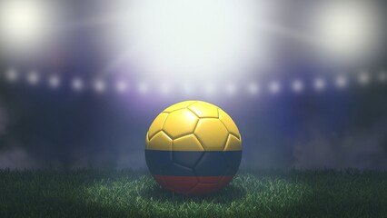 Soccer ball in flag colors on a bright blurred stadium background. Colombia. 3D image