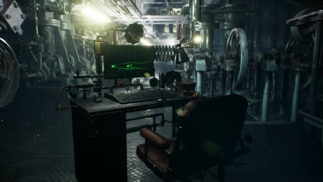 A vintage workplace in a antique steampunk factory with working sparkling mechanisms. The concept of steampunk mechanisms. Looping animation is perfect for vintage, fantasy and technology backgrounds.